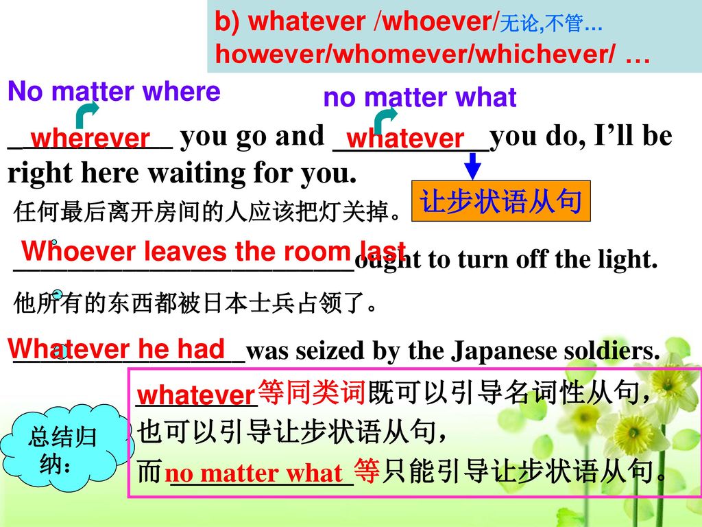 b) whatever /whoever/无论,不管…