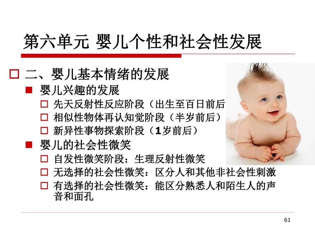 第六单元 婴儿个性和社会性发展 二、婴儿基本情绪的发展 婴儿兴趣的发展 婴儿的社会性微笑 先天反射性反应阶段（出生至百日前后）