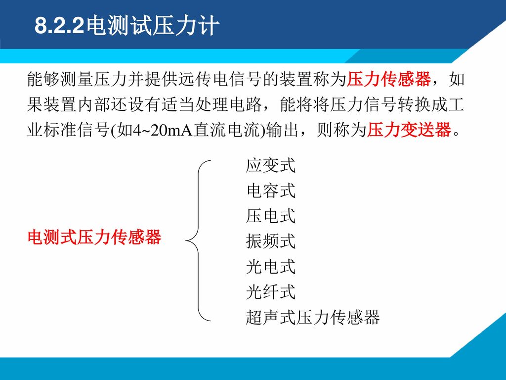 8.2.2电测试压力计 能够测量压力并提供远传电信号的装置称为压力传感器，如果装置内部还设有适当处理电路，能将将压力信号转换成工业标准信号(如4~20mA直流电流)输出，则称为压力变送器。 应变式.