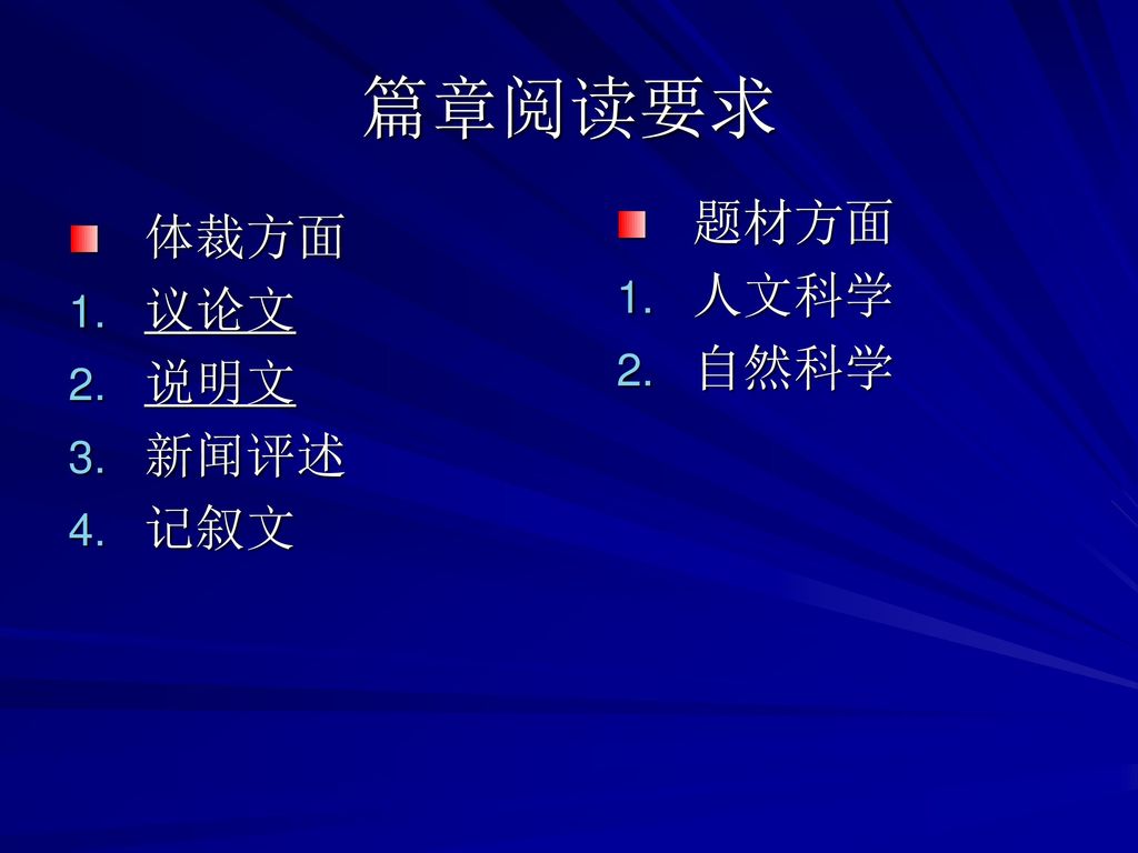 篇章阅读要求 题材方面 人文科学 自然科学 体裁方面 议论文 说明文 新闻评述 记叙文