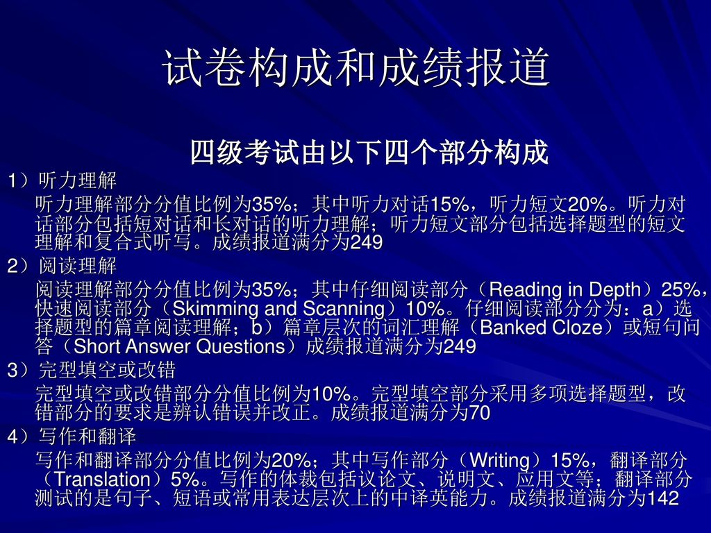 试卷构成和成绩报道 四级考试由以下四个部分构成. 1）听力理解. 听力理解部分分值比例为35%；其中听力对话15%，听力短文20%。听力对话部分包括短对话和长对话的听力理解；听力短文部分包括选择题型的短文理解和复合式听写。成绩报道满分为249.