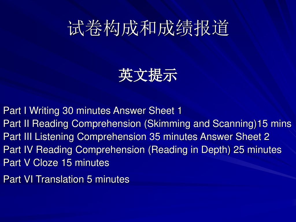 试卷构成和成绩报道 英文提示 Part I Writing 30 minutes Answer Sheet 1