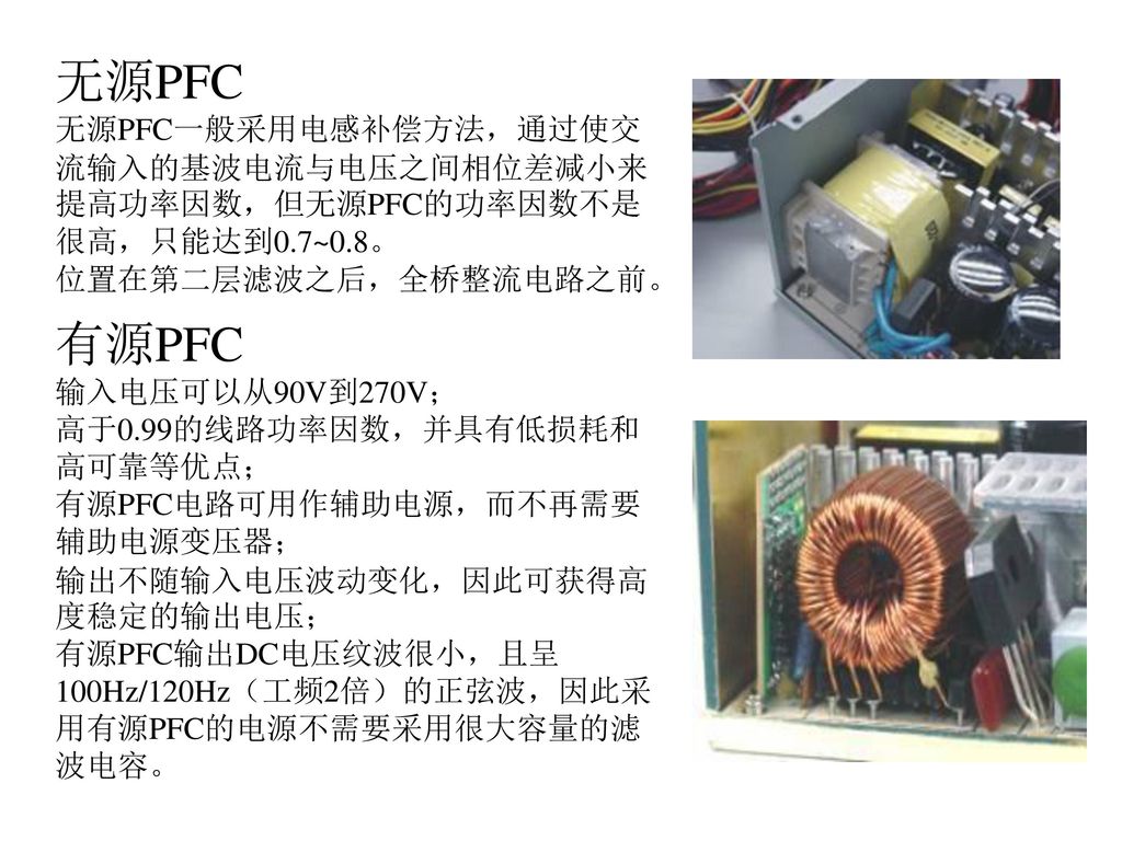 无源PFC 无源PFC一般采用电感补偿方法，通过使交流输入的基波电流与电压之间相位差减小来提高功率因数，但无源PFC的功率因数不是很高，只能达到0.7~0.8。 位置在第二层滤波之后，全桥整流电路之前。