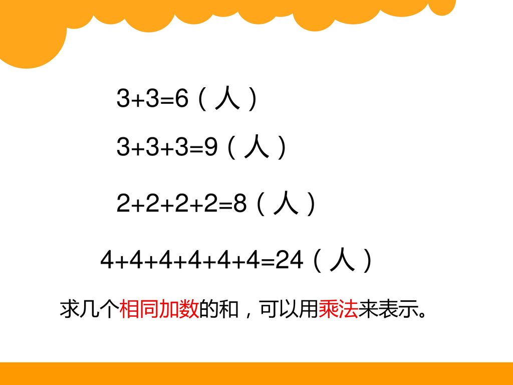 3+3=6（人） 3+3+3=9（人） =8（人） =24（人） 求几个相同加数的和，可以用乘法来表示。