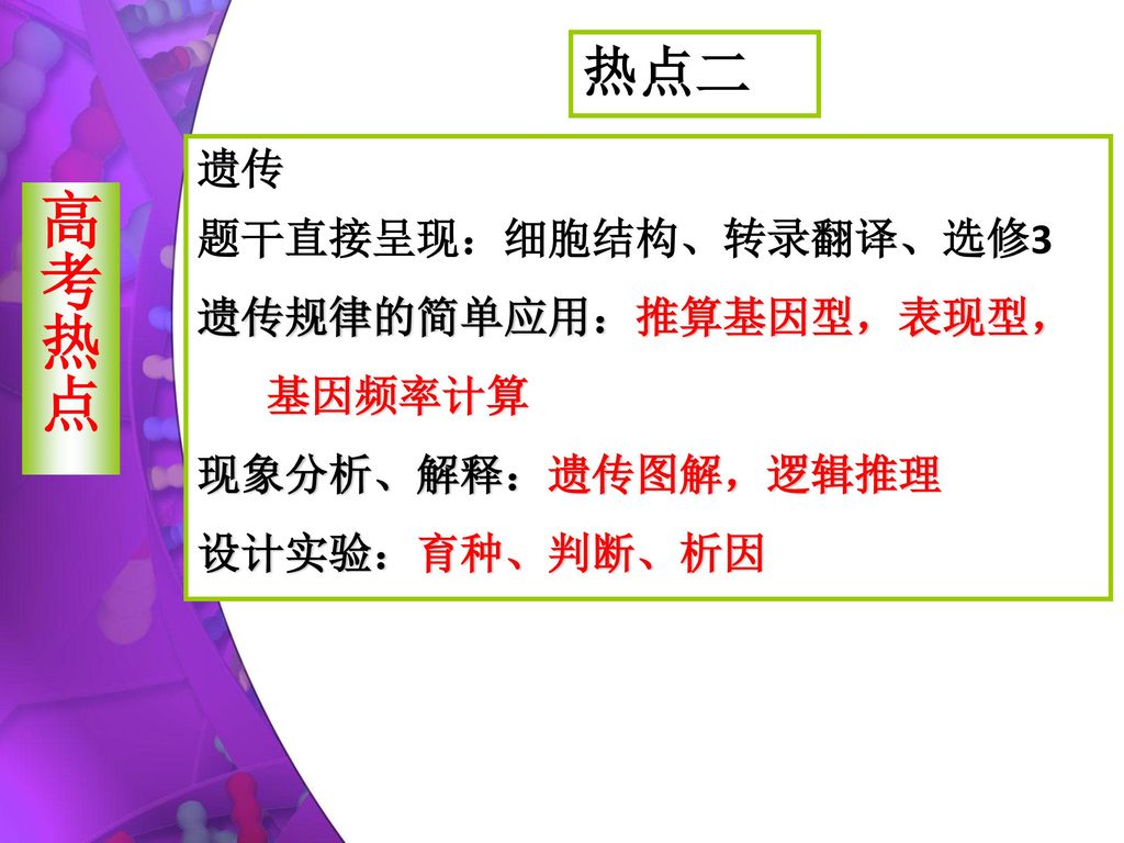 高考热点 热点二 遗传 题干直接呈现：细胞结构、转录翻译、选修3 遗传规律的简单应用：推算基因型，表现型， 基因频率计算