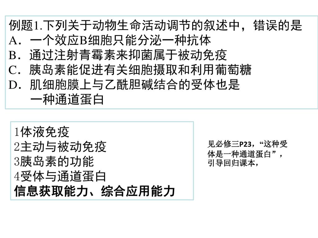 例题1.下列关于动物生命活动调节的叙述中，错误的是 A．一个效应B细胞只能分泌一种抗体 B．通过注射青霉素来抑菌属于被动免疫