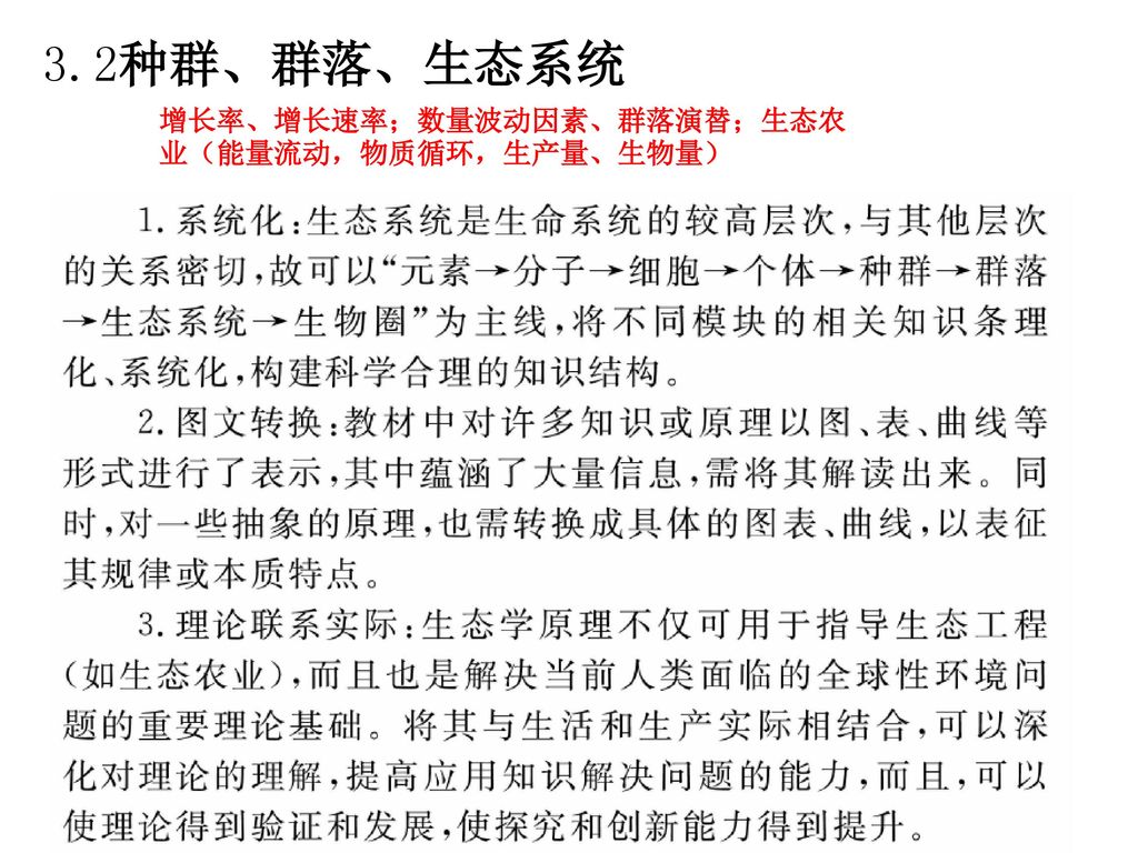 3.2种群、群落、生态系统 增长率、增长速率；数量波动因素、群落演替；生态农业（能量流动，物质循环，生产量、生物量）