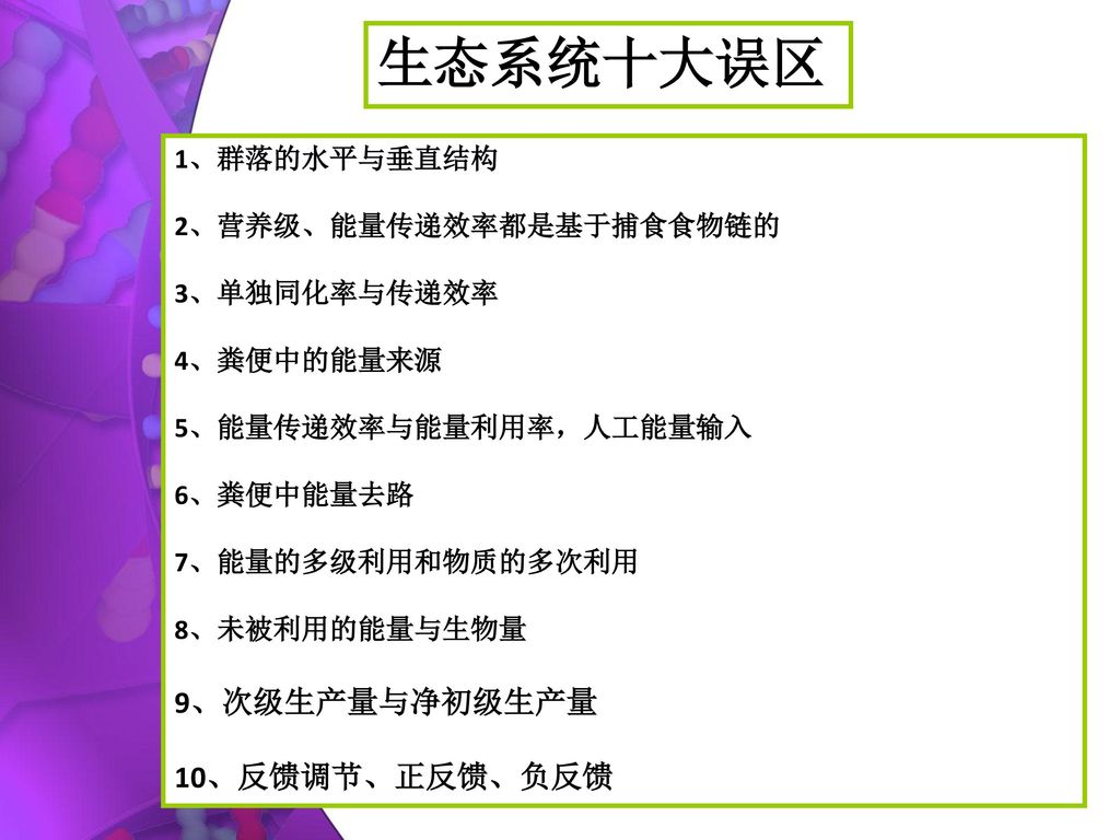 生态系统十大误区 9、次级生产量与净初级生产量 10、反馈调节、正反馈、负反馈 1、群落的水平与垂直结构