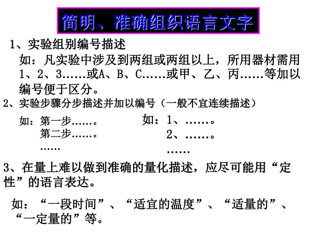 简明、准确组织语言文字 1、实验组别编号描述