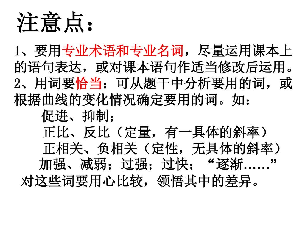 注意点： 1、要用专业术语和专业名词，尽量运用课本上的语句表达，或对课本语句作适当修改后运用。