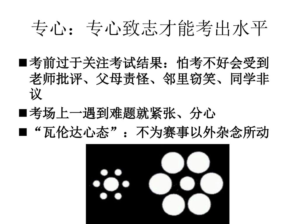 专心：专心致志才能考出水平 考前过于关注考试结果：怕考不好会受到老师批评、父母责怪、邻里窃笑、同学非议 考场上一遇到难题就紧张、分心