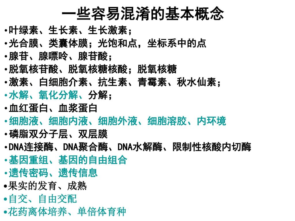 一些容易混淆的基本概念 叶绿素、生长素、生长激素； 光合膜、类囊体膜；光饱和点，坐标系中的点 腺苷、腺嘌呤、腺苷酸；