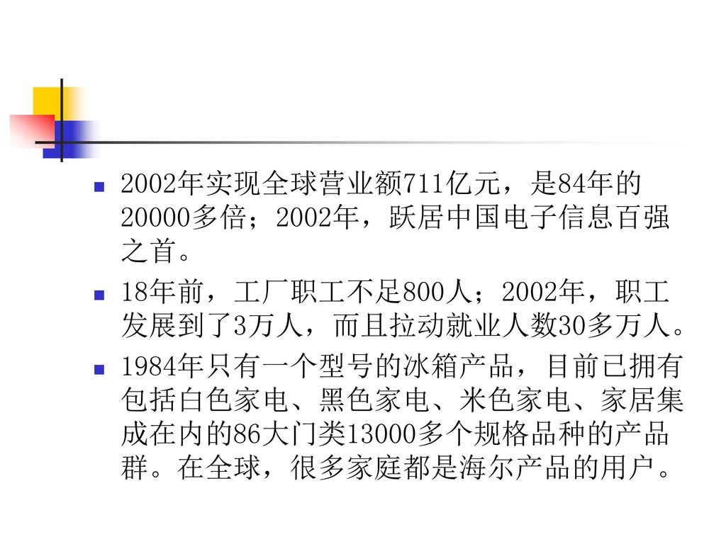 2002年实现全球营业额711亿元，是84年的20000多倍；2002年，跃居中国电子信息百强之首。