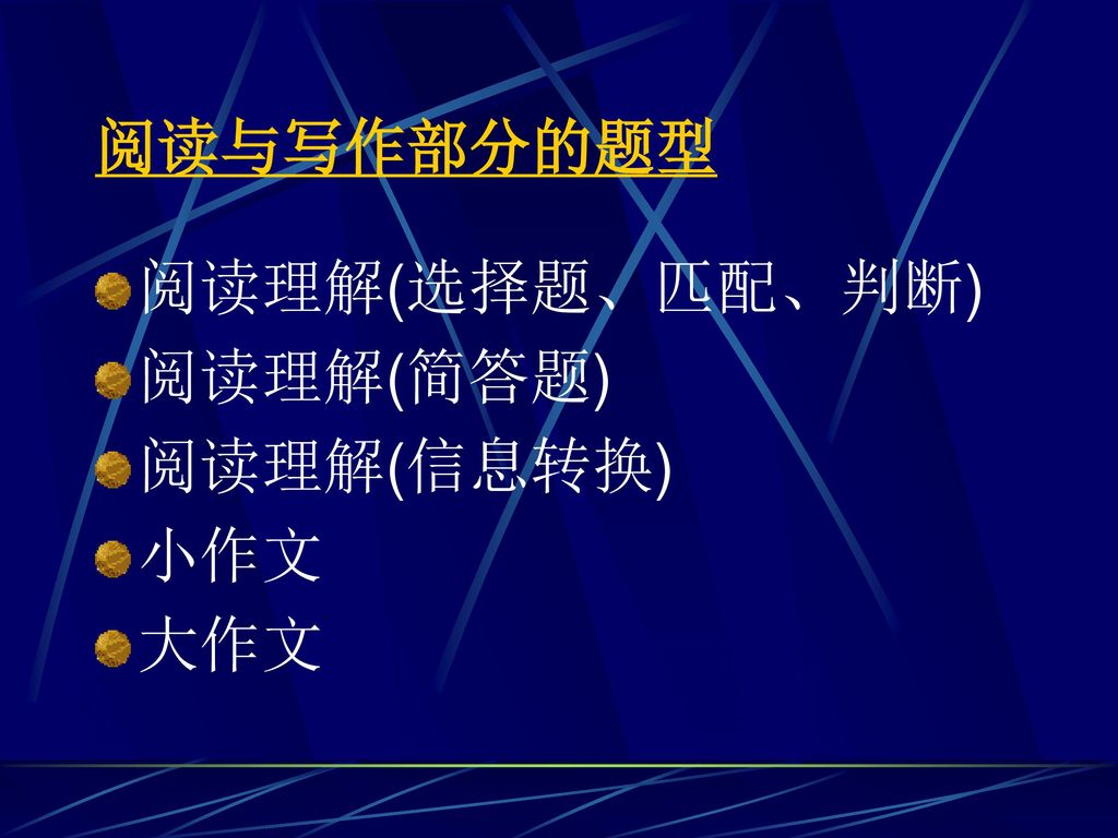 阅读与写作部分的题型 阅读理解(选择题、匹配、判断) 阅读理解(简答题) 阅读理解(信息转换) 小作文 大作文