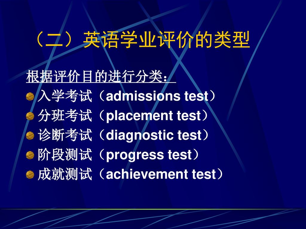 （二）英语学业评价的类型 根据评价目的进行分类： 入学考试（admissions test） 分班考试（placement test）