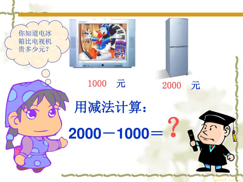 你知道电冰箱比电视机贵多少元？ 1000 元 2000 元 用减法计算： 2000－1000＝？