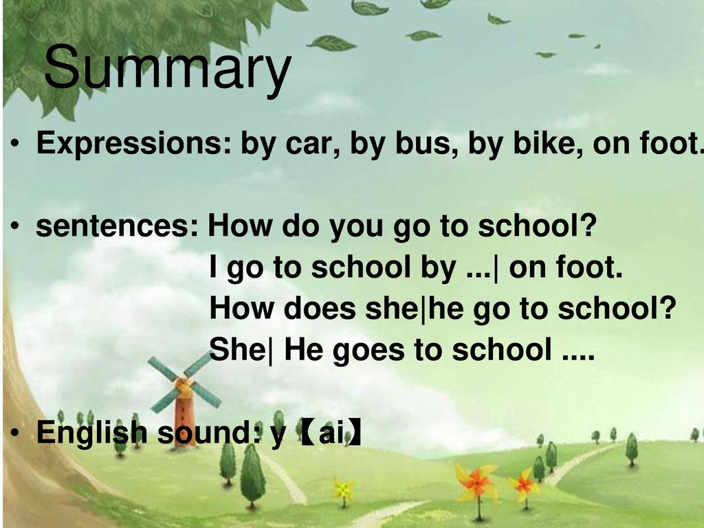 Summary Expressions: by car, by bus, by bike, on foot.