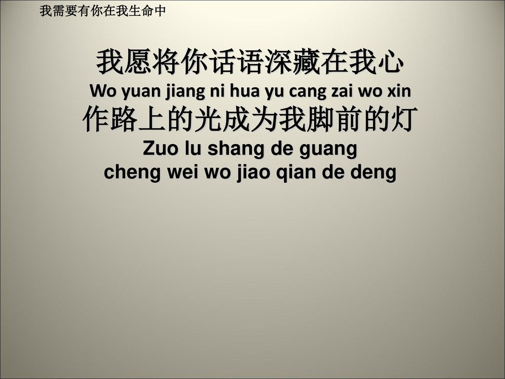 我愿将你话语深藏在我心 Wo yuan jiang ni hua yu cang zai wo xin 作路上的光成为我脚前的灯