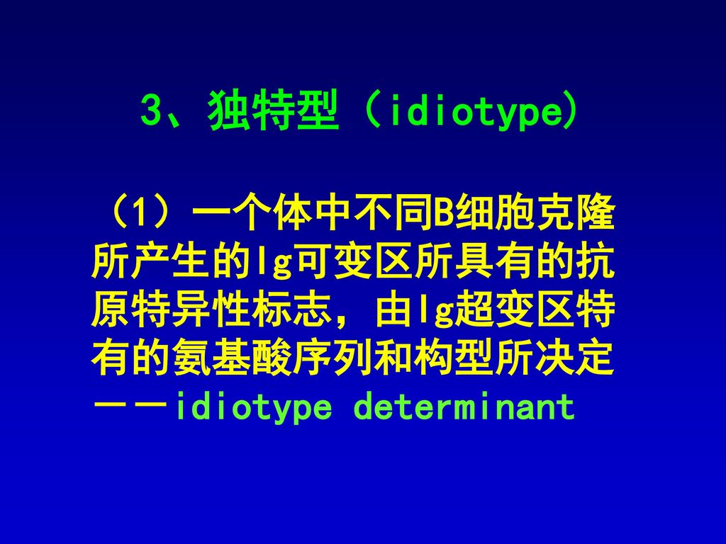 3、独特型（idiotype) （1）一个体中不同B细胞克隆所产生的Ig可变区所具有的抗原特异性标志，由Ig超变区特有的氨基酸序列和构型所决定－－idiotype determinant