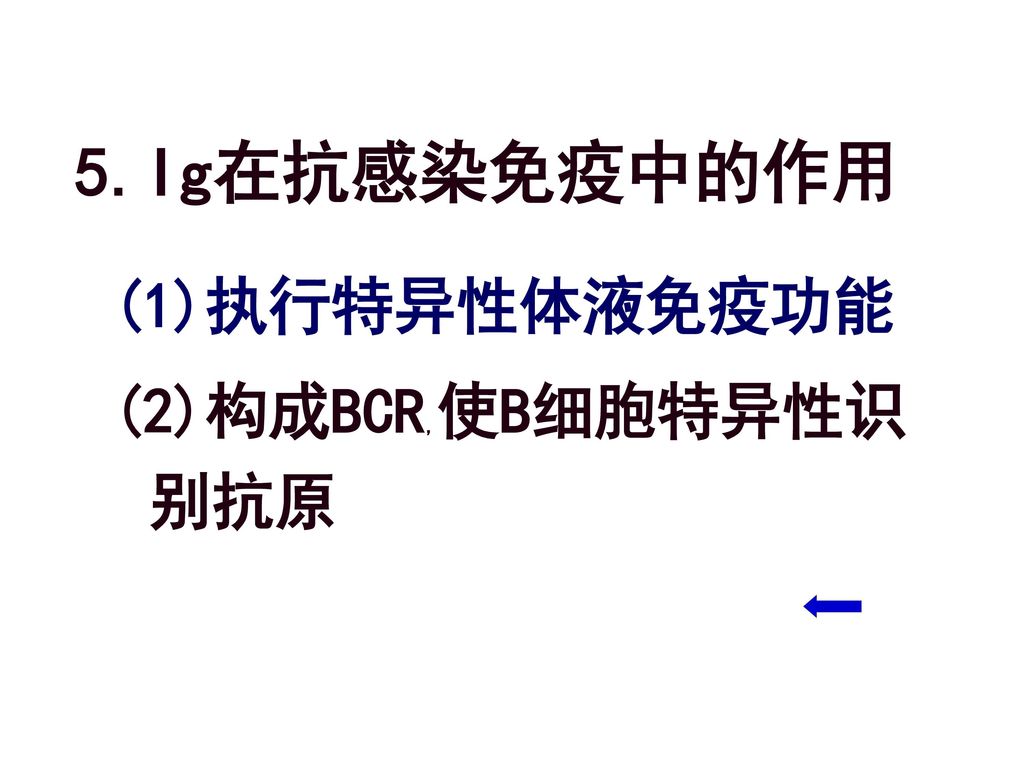 5.Ig在抗感染免疫中的作用 (1)执行特异性体液免疫功能 (2)构成BCR,使B细胞特异性识别抗原