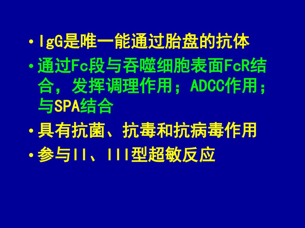 IgG是唯一能通过胎盘的抗体 通过Fc段与吞噬细胞表面FcR结合，发挥调理作用；ADCC作用；与SPA结合 具有抗菌、抗毒和抗病毒作用 参与II、III型超敏反应