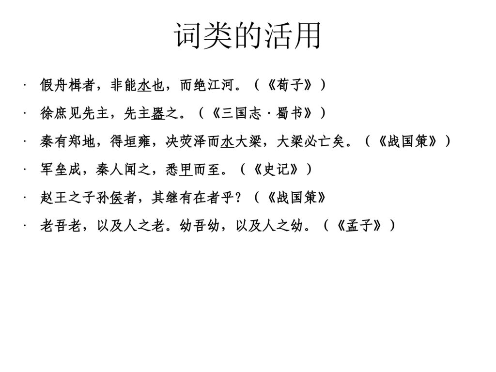 词类的活用 假舟楫者，非能水也，而绝江河。（《荀子》） 徐庶见先主，先主器之。（《三国志·蜀书》）