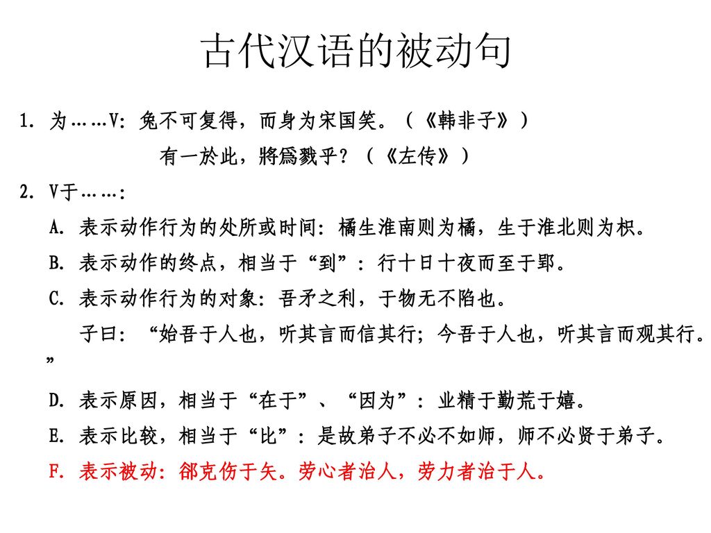 古代汉语的被动句 1. 为……V：兔不可复得，而身为宋国笑。（《韩非子》） 有一於此，將爲戮乎？（《左传》） 2. V于……：