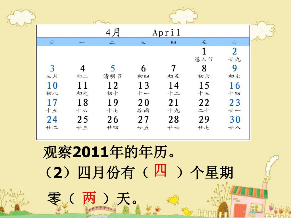 观察2011年的年历。 四 （2）四月份有（ ）个星期 零（ ）天。 两