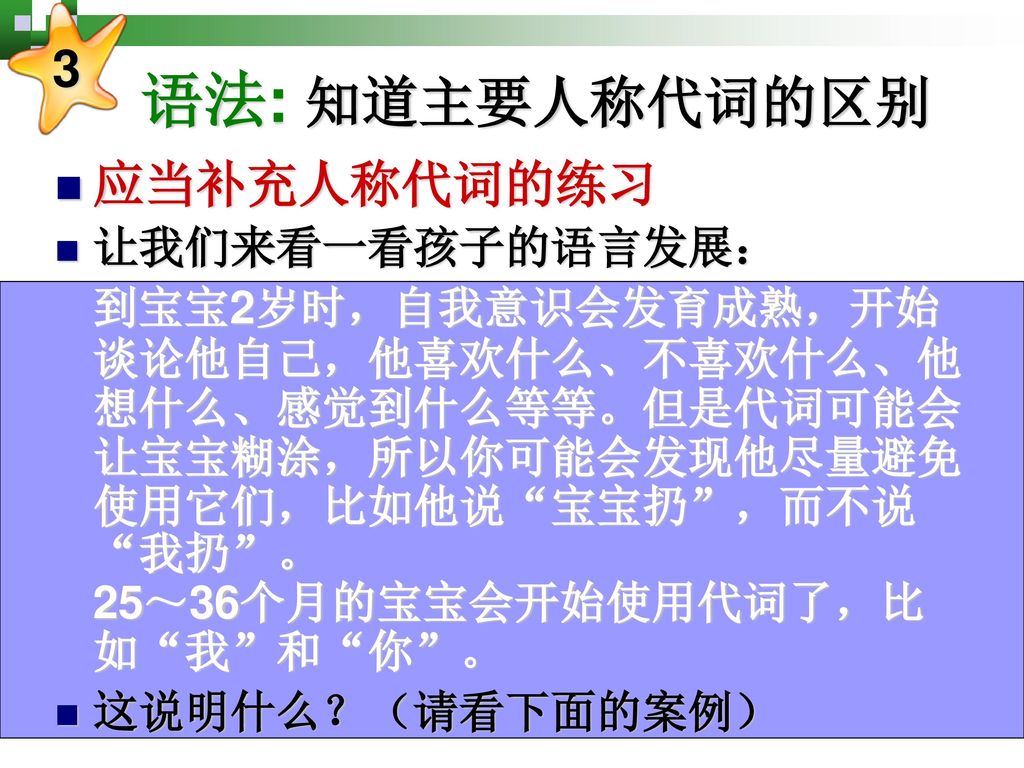 语法: 知道主要人称代词的区别 3 应当补充人称代词的练习 让我们来看一看孩子的语言发展：