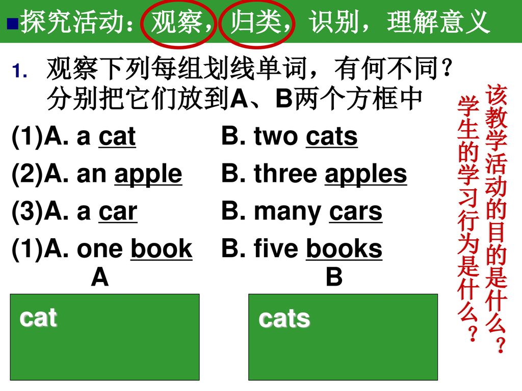 观察下列每组划线单词，有何不同？分别把它们放到A、B两个方框中 (1)A. a cat B. two cats