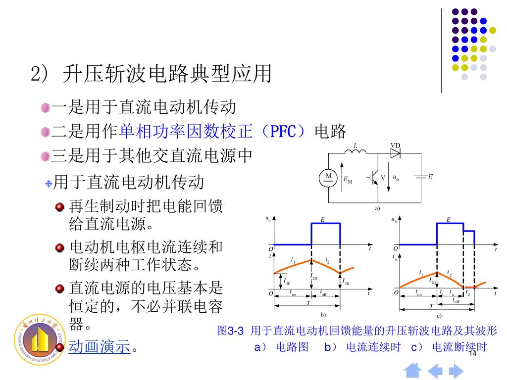 2) 升压斩波电路典型应用 一是用于直流电动机传动 二是用作单相功率因数校正（PFC）电路 三是用于其他交直流电源中 用于直流电动机传动