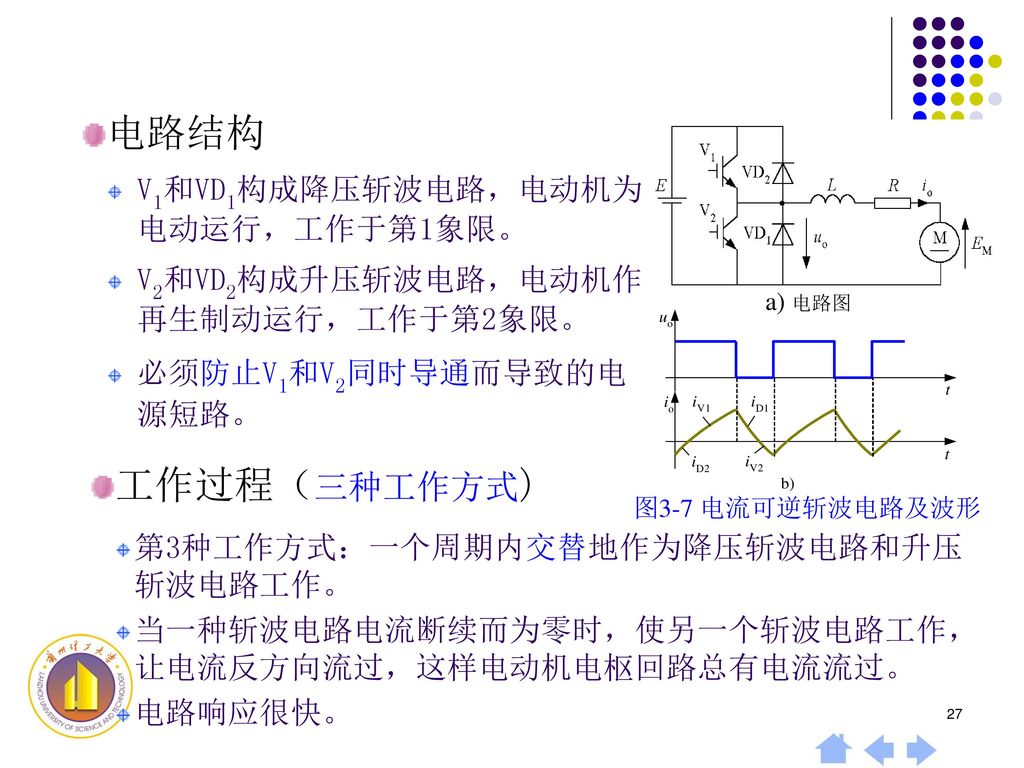 电路结构 工作过程（三种工作方式) V1和VD1构成降压斩波电路，电动机为电动运行，工作于第1象限。