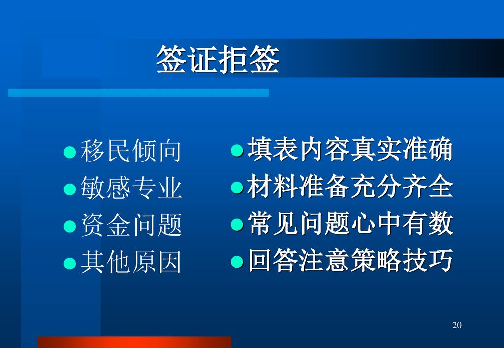 签证拒签 移民倾向 敏感专业 资金问题 其他原因 填表内容真实准确 材料准备充分齐全 常见问题心中有数 回答注意策略技巧