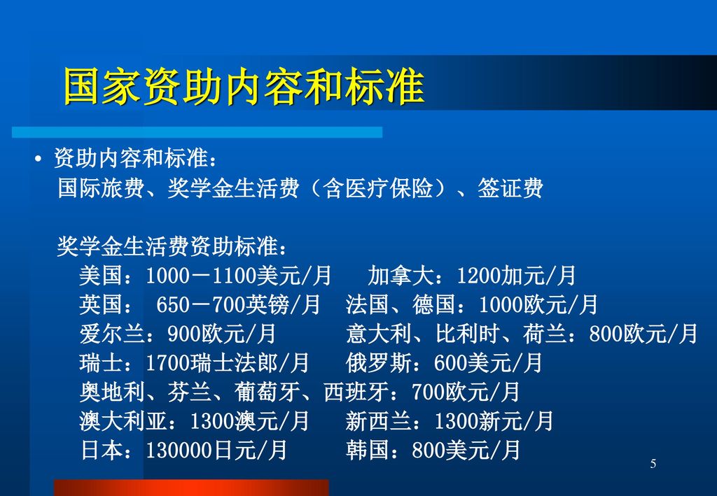 国家资助内容和标准 • 资助内容和标准： 国际旅费、奖学金生活费（含医疗保险）、签证费 奖学金生活费资助标准：