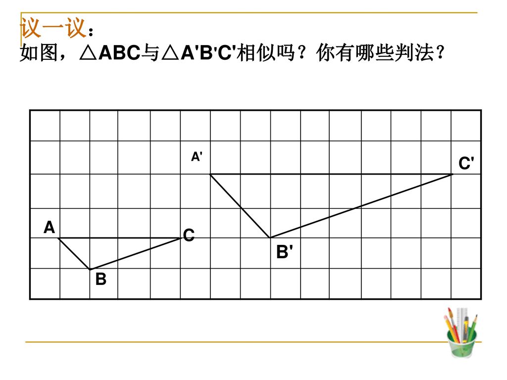 议一议： 如图，△ABC与△A B C 相似吗？你有哪些判法？ B A C A C B