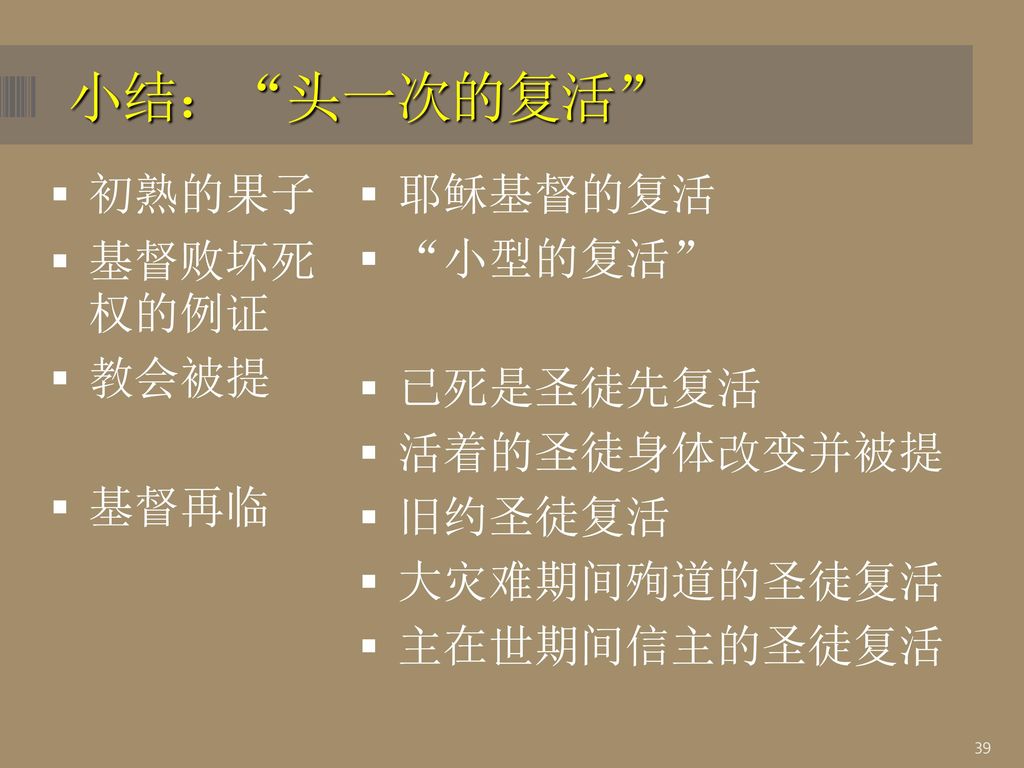 小结： 头一次的复活 初熟的果子 基督败坏死 权的例证 教会被提 基督再临 耶稣基督的复活 小型的复活 已死是圣徒先复活