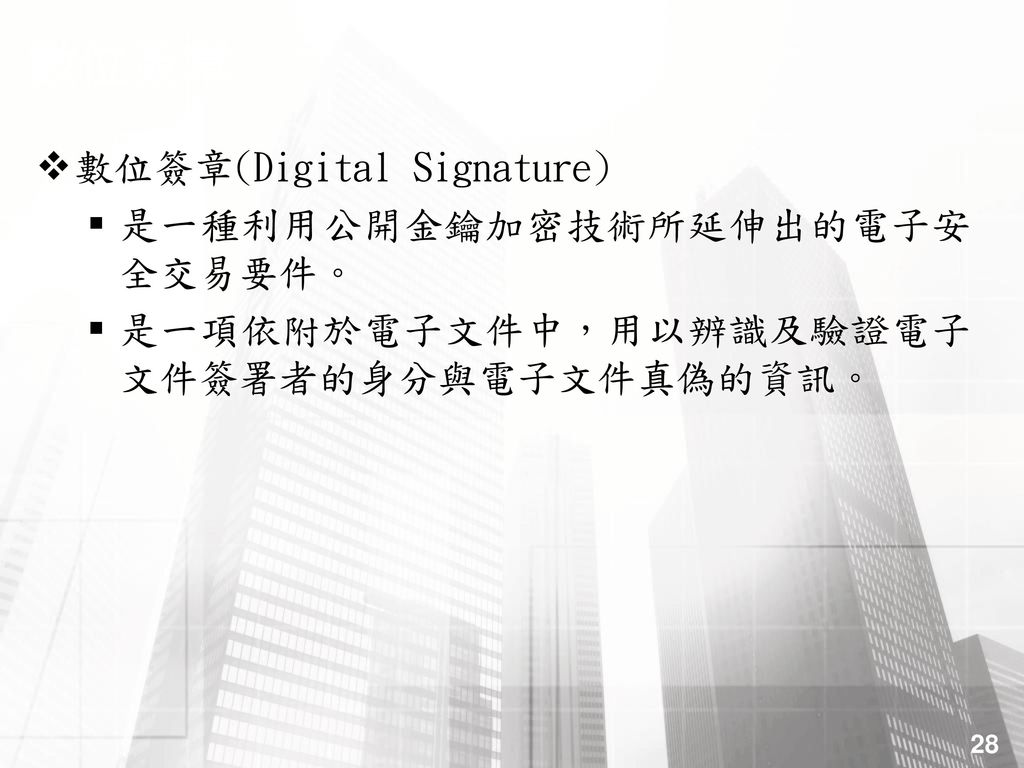 數位簽章 數位簽章(Digital Signature) 是一種利用公開金鑰加密技術所延伸出的電子安全交易要件。