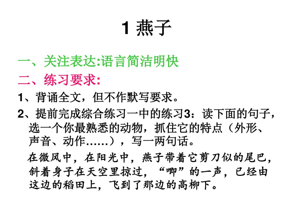 1 燕子 一、关注表达:语言简洁明快 二、练习要求: 1、背诵全文，但不作默写要求。