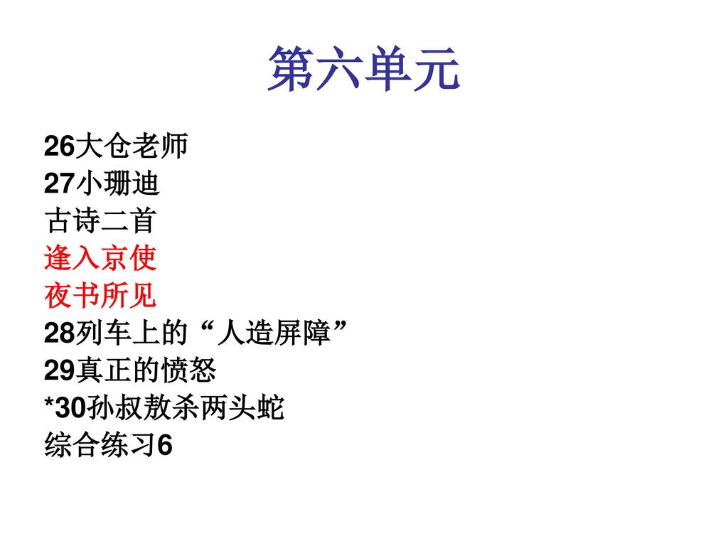 第六单元 26大仓老师 27小珊迪 古诗二首 逢入京使 夜书所见 28列车上的 人造屏障 29真正的愤怒 *30孙叔敖杀两头蛇 综合练习6