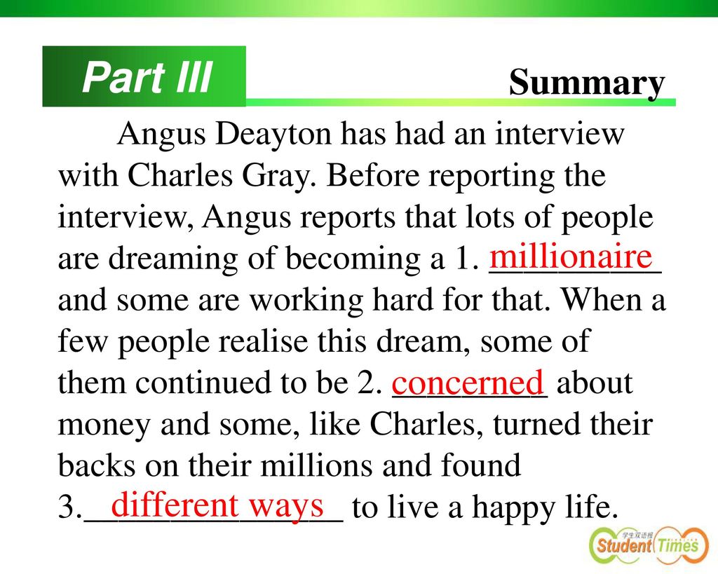 Part III Summary millionaire concerned different ways