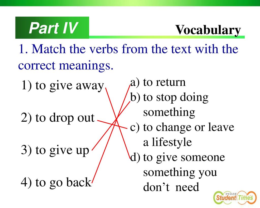 Part IV Vocabulary. 1. Match the verbs from the text with the correct meanings. to return. to stop doing something.