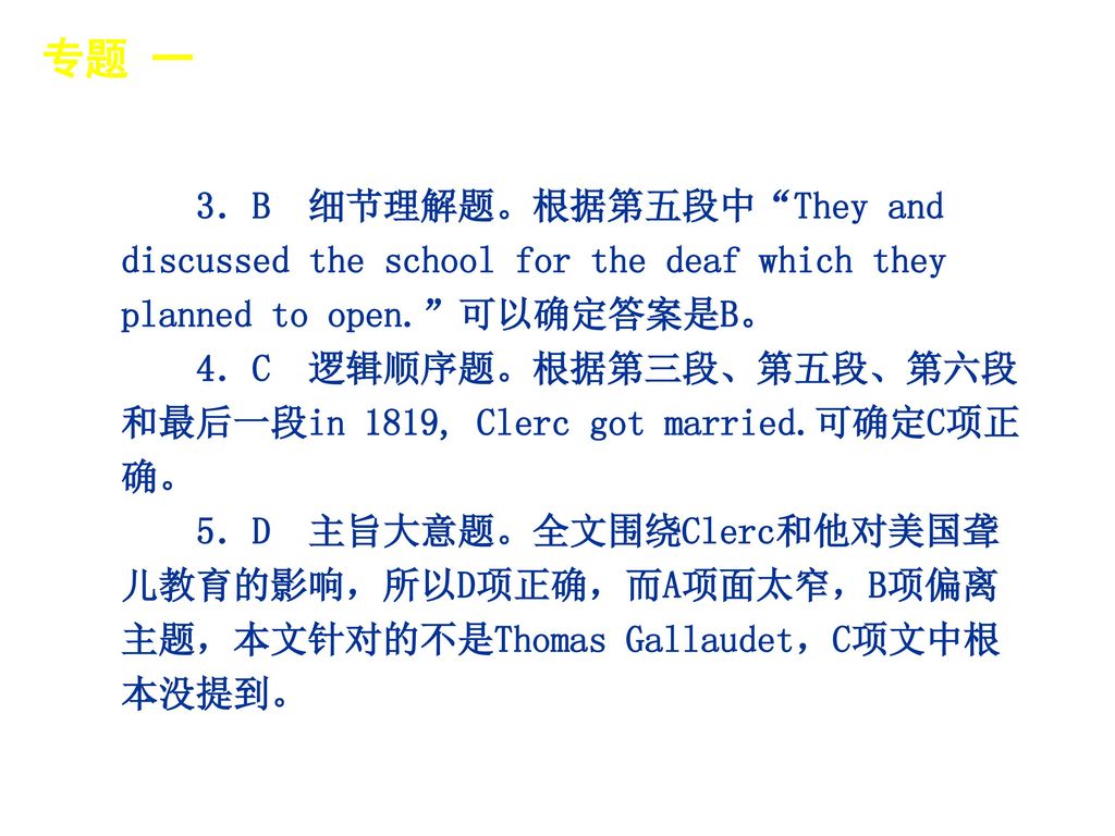 专题 一 │ 专题预测 3．B 细节理解题。根据第五段中 They and discussed the school for the deaf which they planned to open. 可以确定答案是B。