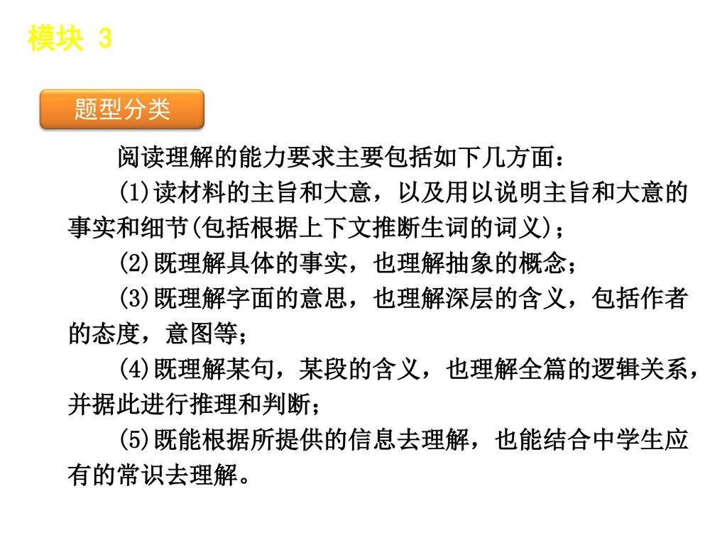 模块 3 │ 题型分类 题型分类 阅读理解的能力要求主要包括如下几方面：