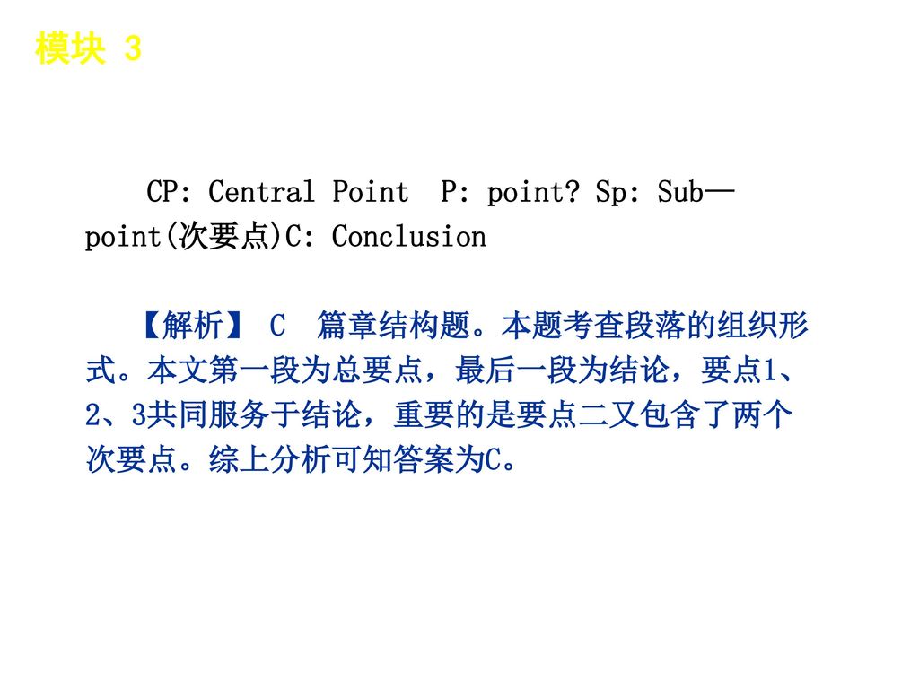 模块 3 │ 题型分类 CP: Central Point P: point Sp: Sub—point(次要点)C: Conclusion.