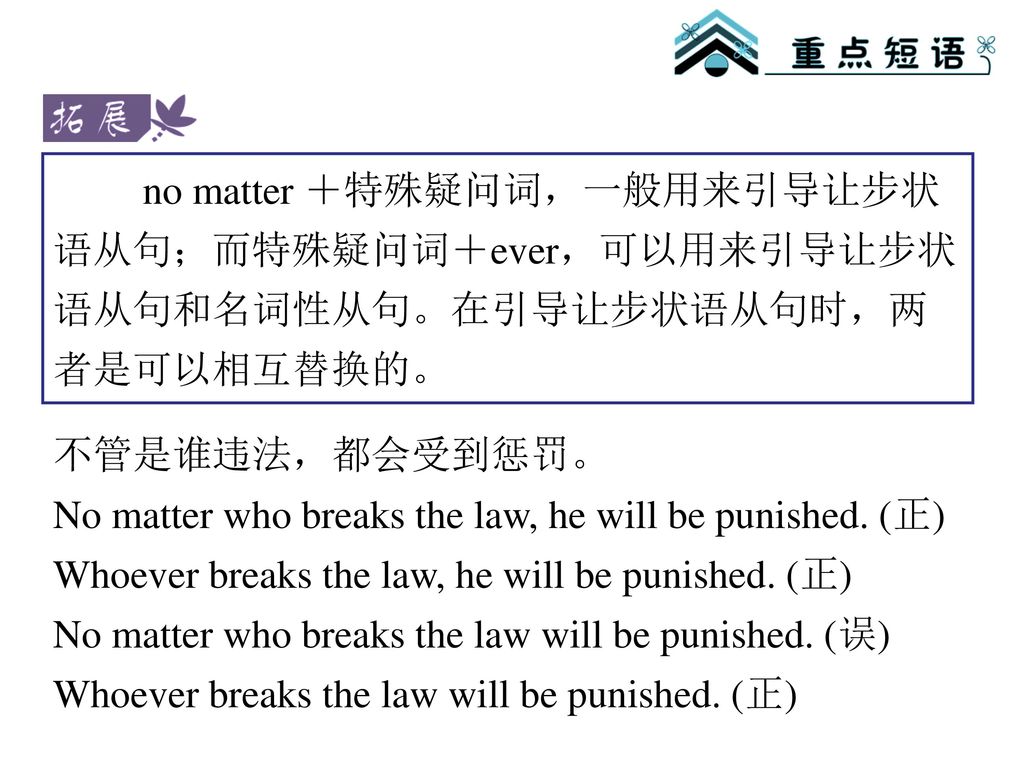 no matter ＋特殊疑问词，一般用来引导让步状语从句；而特殊疑问词＋ever，可以用来引导让步状语从句和名词性从句。在引导让步状语从句时，两者是可以相互替换的。