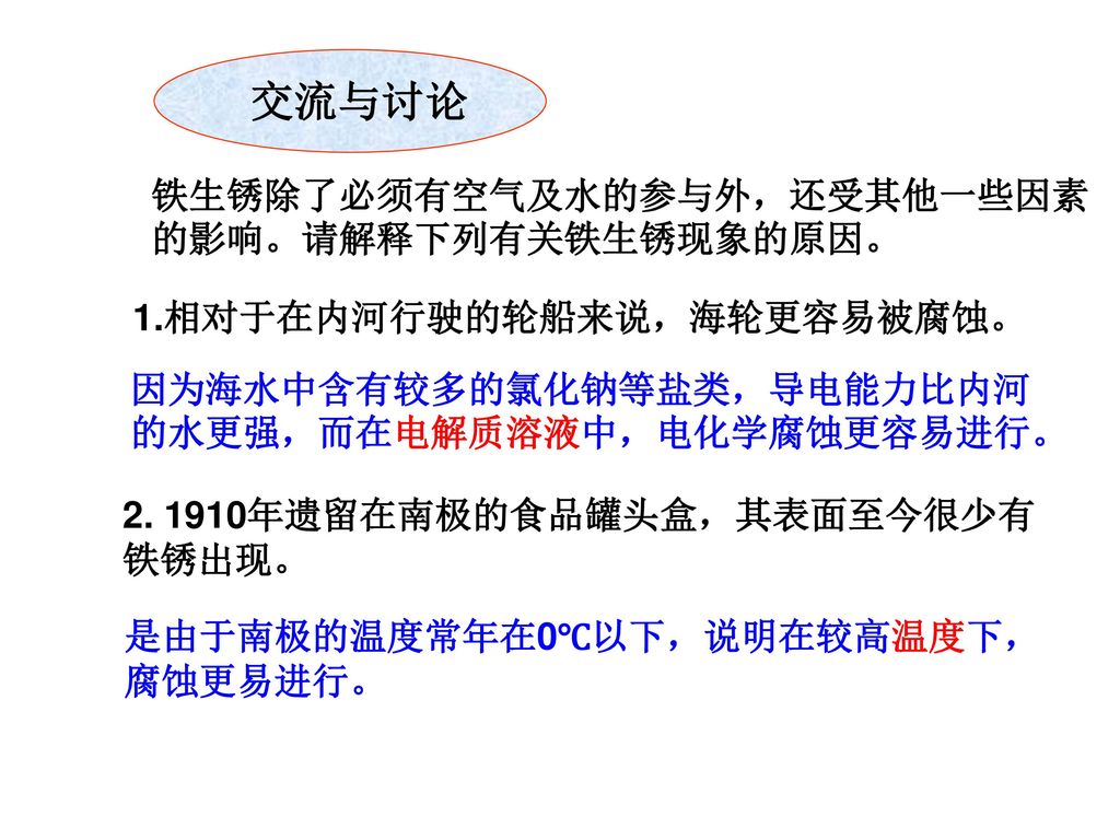 交流与讨论 铁生锈除了必须有空气及水的参与外，还受其他一些因素的影响。请解释下列有关铁生锈现象的原因。