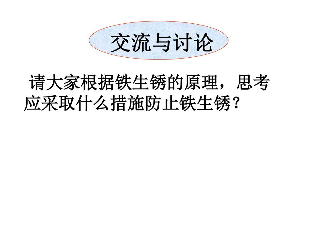 交流与讨论 请大家根据铁生锈的原理，思考应采取什么措施防止铁生锈？