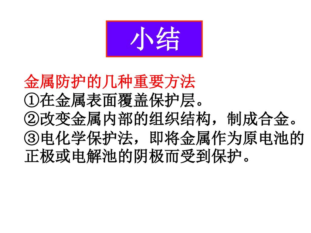 小结 金属防护的几种重要方法 ①在金属表面覆盖保护层。