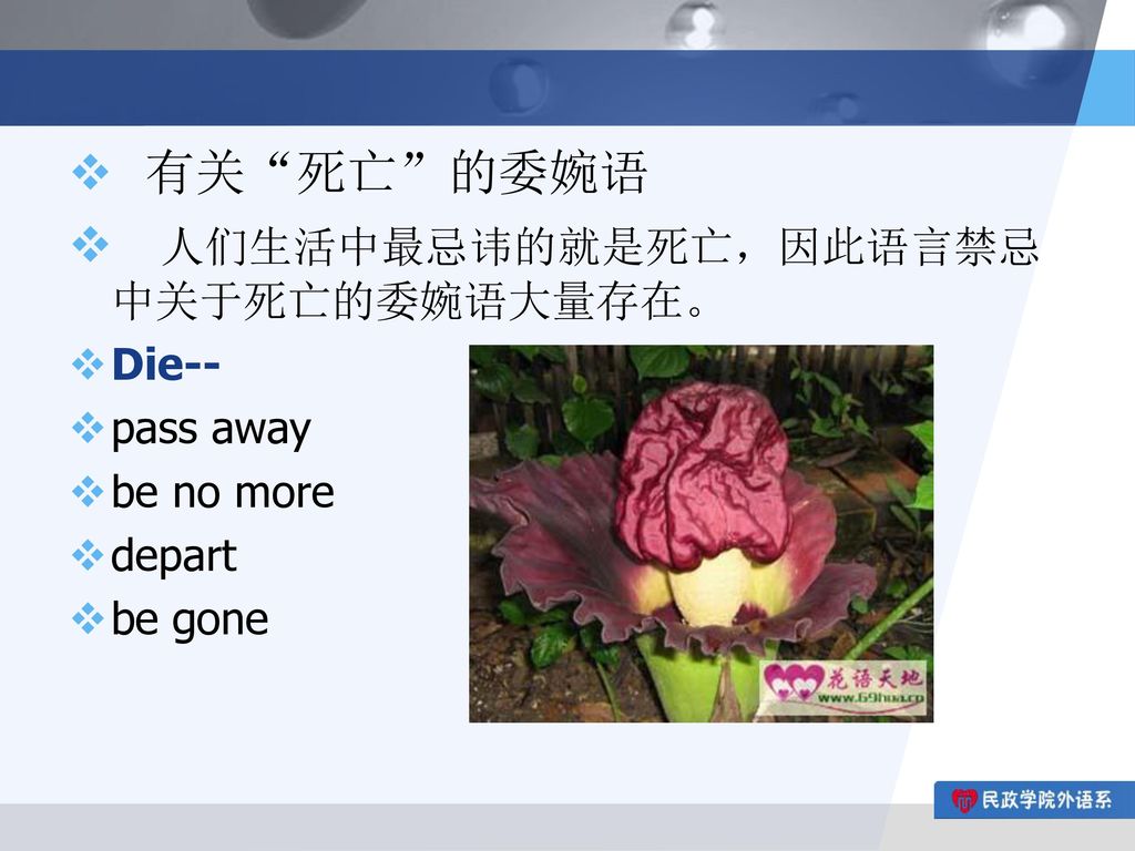 人们生活中最忌讳的就是死亡，因此语言禁忌中关于死亡的委婉语大量存在。