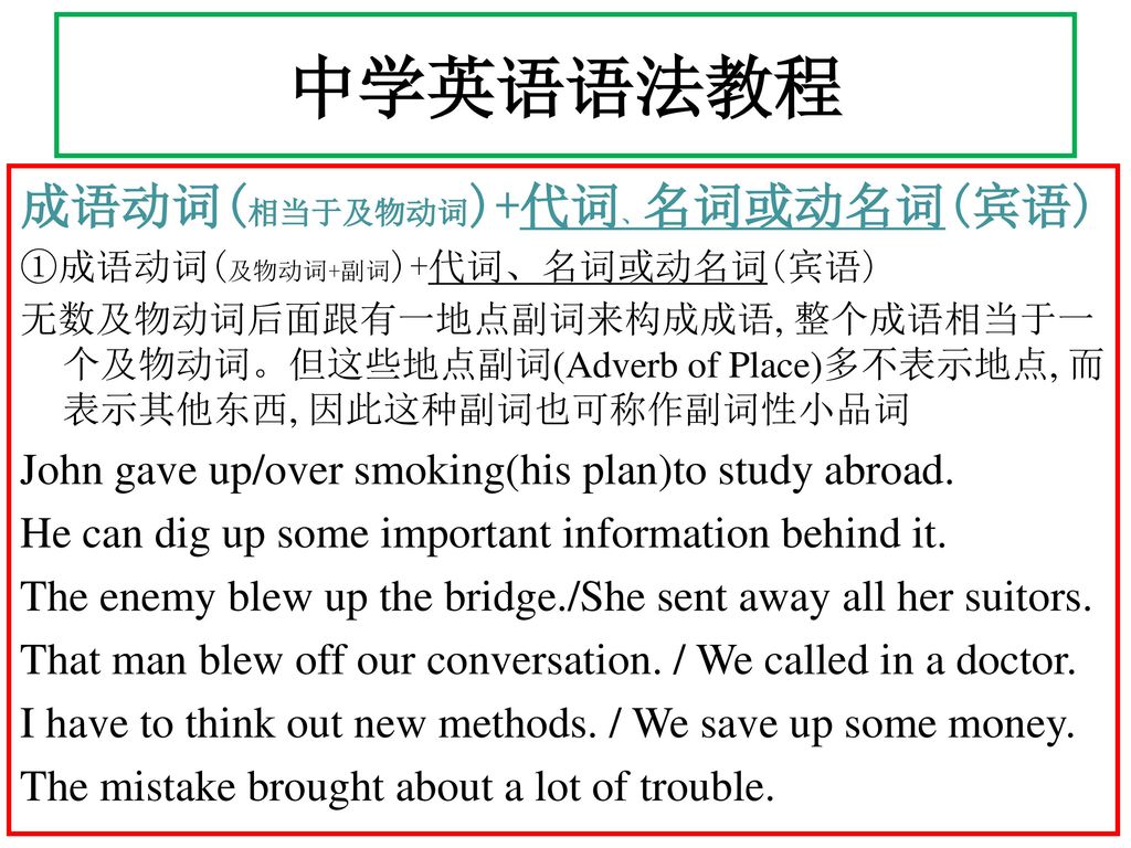 中学英语语法教程 成语动词(相当于及物动词)+代词、名词或动名词(宾语)